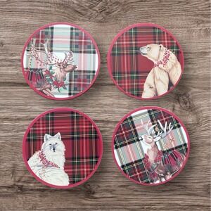 Pottery Barn Enchanted Forest Plaid Cork Coasters Set of 4 Holiday Stewart Plaid